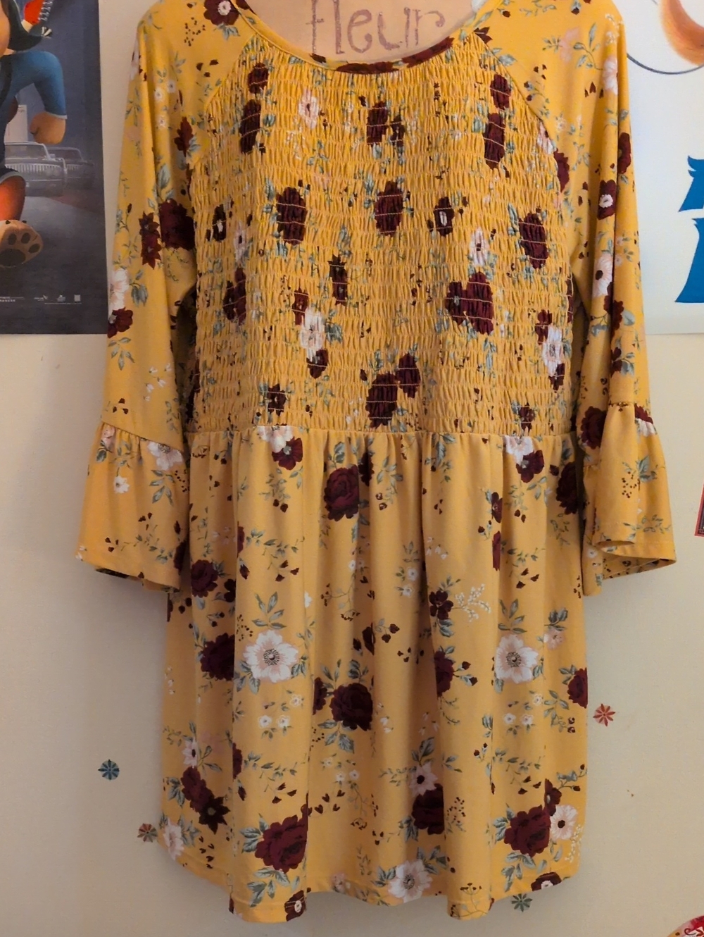 Bobbie Brooks Yellow Floral Print Smocked Top Size XL